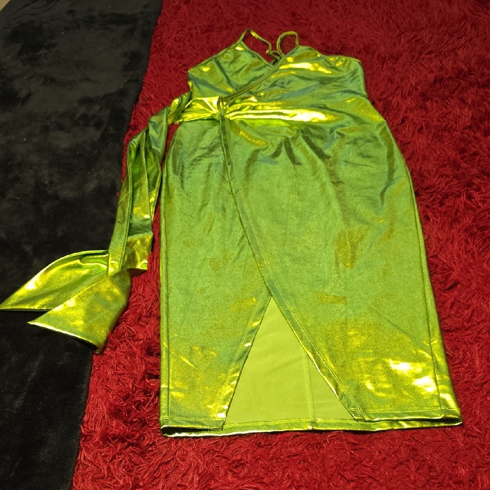 Green Metallic Wrap Dress